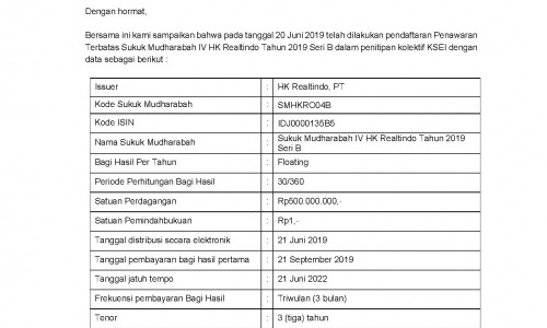 Pendaftaran Penawaran Terbatas Sukuk Mudharabah IV HK Realtindo Tahun ...