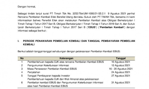 Rencana Pembelian Kembali Obligasi Berkelanjutan I Timah Tahap I Tahun ...